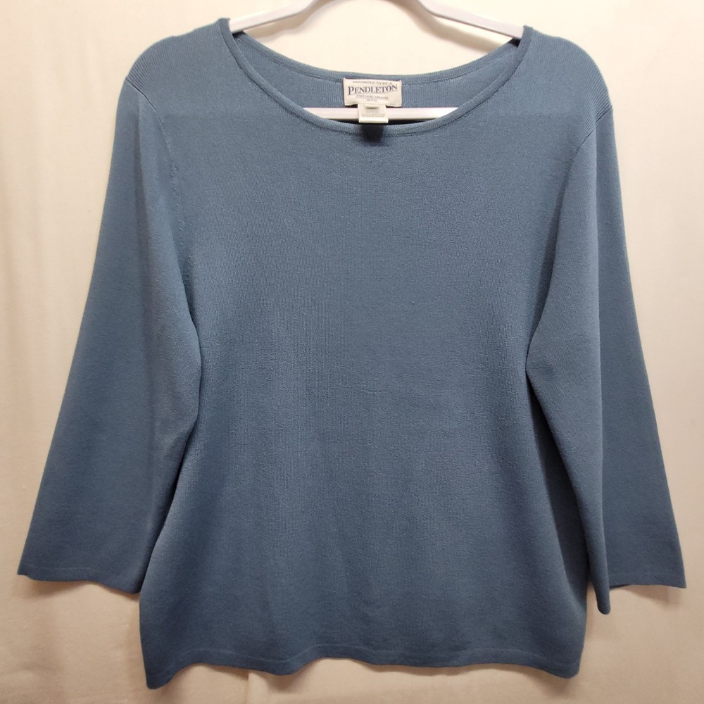 Pendleton Womens Petite Large Slate Blue Scoop Neck 3/4 Sleeve Knit Top Sweater